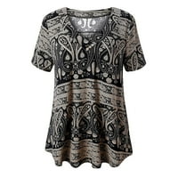 Женски Блузи Модни Дами Печатење V-Вратот Краток Ракав Врвот Пуловер Лабава Маица Црна XL