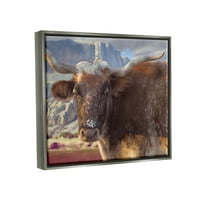 Слупел Лонгхорн добиток Рурални планини животни и инсекти сликање сив пловиј врамен уметнички печатен wallид уметност