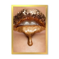 DesignArt „Зголемување на жената шминка на златни течни усни“ модерна врамена уметничка печатење