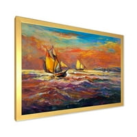 Плови бродови на океанските бранови за време на портокалова вечер сјај врамена слика за сликање на платно уметничко печатење