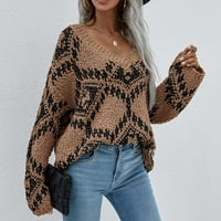 Anuirheih плетени џемпери за жени модни долги ракави V-вратот лента за појавување на блуза плетена џемпер зимски бучен топол