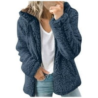 Јакни за жени Зимско руно нејасни јакни блок во боја на патент со качулка, палто за џемпер, облечена во облеката