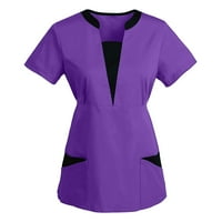 јуехао маици за жени женски врвови со краток ракав v-врат работат униформа цврста крпеница џебна блуза во боја