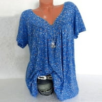 Bazyrey Bluze за жени жени плус големина кратки ракави V-вратот за печатење на блуза, врвови на врвови, кошула сина xxl